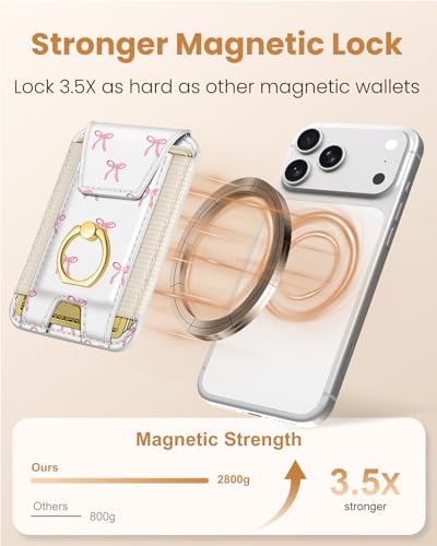 Shorogyt Compatible with Magsafe Wallet with Ring Grip Magnetic Card Holder - Cute Phone Wallets with Stand for iPhone 17/16/15/14/13/12 Series for Women Girls Bow Design, Fit 7 Cards - color: Bow