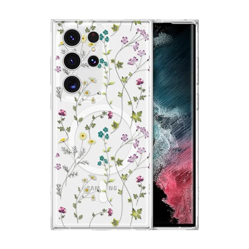 RALEAVO for Samsung Galaxy S22 Ultra Case Floral Magnetic Case,Transparent | Compatible with MagSafe,Cute Clear Floral Case with Flowers for Girls Women,Hard Back Shockproof Case for Samsung S22 Ultra - color: Clear/Floral Branch, size: S22 Ultra