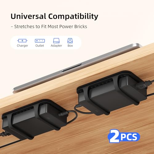 2 Pack Universal Silicone Laptop Charger Holder,Under Desk Power Brick Mount Organizer for Charging Brick & Cables,Flexible Non-Slip Power Bricks Mount,Secure Supply Holder for Laptop Charger,Black - color: Black*2