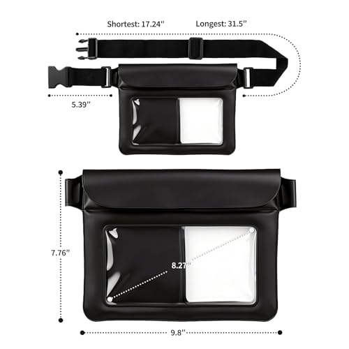 Waterproof Bag Set IPX8 2 Pcs: Black 9.8" Clear Fanny Pack & 7" Waterproof Phone Pouch, Floating Phone Case, Water Proof Dry Bag with Adjustable Strap for Beach Swim Kayak Boat Cruise Essentials - color: Black fanny pack + Phone pouch 7"