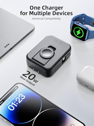 for Apple Watch Charger Block, 2 in 1 Wall Charger with Built-in Retractable Charging Cable, Travel Foldable Plug Power Adapter Compatible with iPhone iWatch (Black)