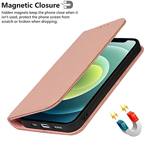 iCoverCase Compatible with iPhone 13 Wallet Case with Credit Card Holder and Wrist Strap, RFID Blocking Genuine Leather Flip Magnetic Phone Cover 6.1 Inch (Pink) - color: 1-Pink (No Headphone Storage Belt), size: iPhone 13