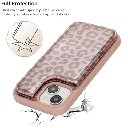 iCoverCase Compatible with iPhone 14 Case with Card Holder, Wallet Case for Women Men RFID Blocking PU Leather Protective Phone Case 6.1 Inch (Rose Gold Leopard) - color: Rose Gold Leopard