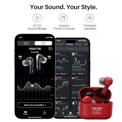 TOZO T20 Wireless Earbuds 97H Playtime, Wireless Charging LED Display Case - color: Red