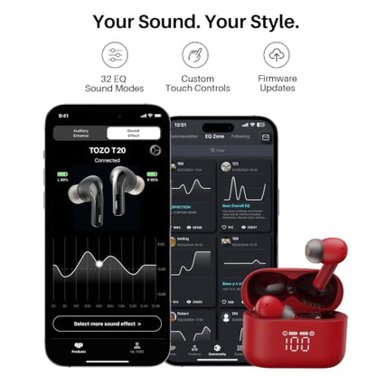 TOZO T20 Wireless Earbuds 97H Playtime, Wireless Charging LED Display Case - color: Red