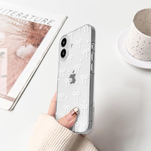 NITITOP Compatible with iPhone 16 Case Clear Cute Bow Ribbon Love Heart Pattern for Women Girls Bowknot Full Camera Lens Soft TPU Slim Shockproof Protective Cover - White - color: White, size: iPhone 16