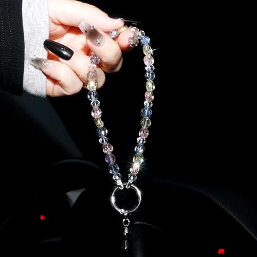 Sparkle Crystal Pearl Phone Wrist Strap for Women, Sparkling Beaded Cellphone Lanyard Chain - color: Pink+blue