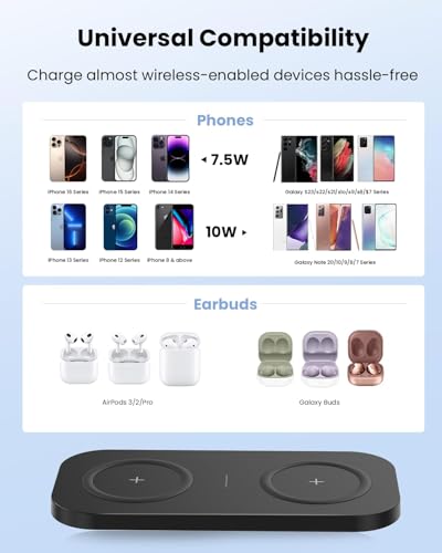 Wireless Charger, 10W Max Dual Charging Pad for iPhone 17/16/15/14/13/12/11/XR/X/8, Airpods 4/3/2/Pro, Samsung Galaxy S25/S24/S23/S22/S21, QC 24W Adapter, Charging Adapter - style: 2 in 1