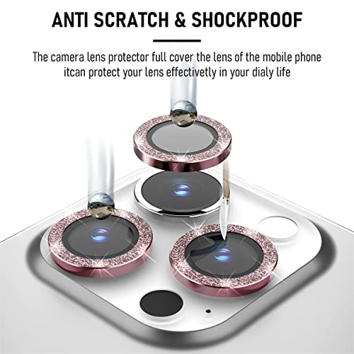 Suoman 3-Pack for iPhone 13 Pro 6.1 inch / 13 Pro Max 6.7 inch Camera Lens Protector, 9H Hardness Tempered Glass Film, [Glitter diamonds] Individual Metal Protective Cover- Pink - color: Pink