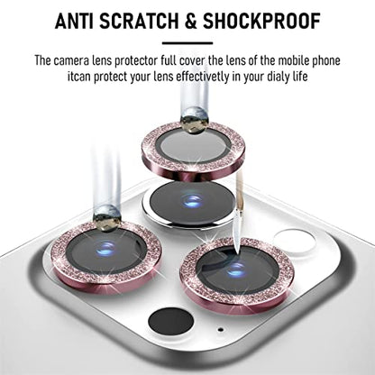 Suoman 3-Pack for iPhone 13 Pro 6.1 inch / 13 Pro Max 6.7 inch Camera Lens Protector, 9H Hardness Tempered Glass Film, [Glitter diamonds] Individual Metal Protective Cover- Pink - color: Pink