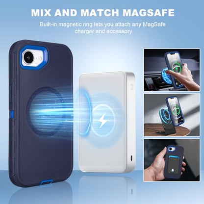 Phone Case for iPhone 16e Magnetic Case with Clip & 360°Rotating Kickstand | Compatible with MagSafe, Heavy Duty Drop Protection, Rugged Shockproof Protective Case for iPhone 16e Case with Kickstand - color: Navy+Blue