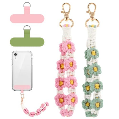 Jspupifip 2 PCS Boho Macrame Phone Wrist Strap, Pink/Green - color: Pink,green
