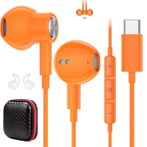 USB C Earbuds Wired Headphone for iPhone 18 Pro Max 17 16 15,Orange - color: Orange