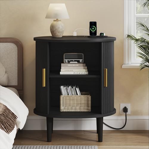 DHH Mid Century Modern Nightstand with Charging Station, Fluted Accent Side Table with Sliding Door & Adjustable Shelf, End Table for Small Space, Living Room, Bedroom,Sofa Couch (1, Black) - color: Black