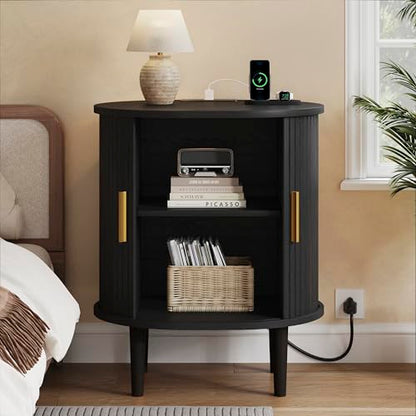 DHH Mid Century Modern Nightstand with Charging Station, Fluted Accent Side Table with Sliding Door & Adjustable Shelf, End Table for Small Space, Living Room, Bedroom,Sofa Couch (1, Black) - color: Black