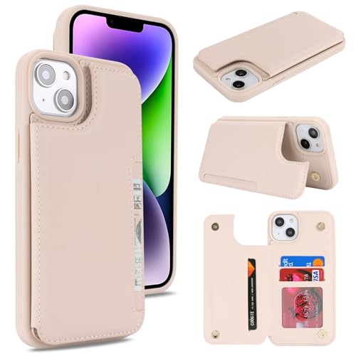iCoverCase Compatible with iPhone 14 Plus Phone Case with Card Holder, Wallet Case for Women Men RFID Blocking PU Leather Protective Case 6.7 Inch (Beige) - color: Beige