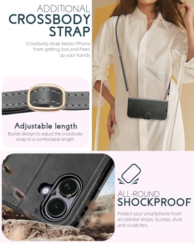 OCASE for iPhone 16 Plus Wallet Case, PU Leather Crossbody Phone Case with Removable Shoulder Strap, Kickstand, RFID Blocking Card Slots, Flip Folio Phone Cover 6.7 Inch 2024, Graphite - color: Graphite, size: iPhone 16 Plus