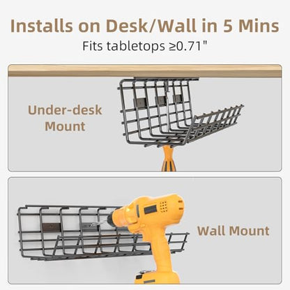 2 Pack DELAMU Under Desk Cable Management Tray, Large Metal Cord Organizer, Office & Home Cord Wire Management Under Desk Shelf, Easy Install Pre-drilled Cable Organizer, Black - size: 2 Pack