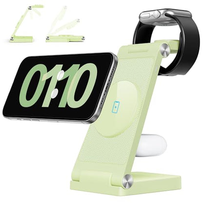 RYND 2026 Traveling Wireless Mag-Safe Fast Charging Station,Magnetic 3 in 1 Charger with Light for iPhone 16 15 14 13 12 Pro Max Plus,Apple Watch Series & Air pods 4 3 2 Pro-Gifts for Wife & Husband - color: Cyan