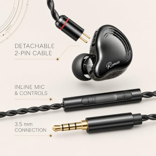 Rosmas Wired Earbuds with Mic,SM10 Pro Wired Gaming IEM Earbuds with Mic, Detachable 2-Pin Cable, 4BA+1DD Hybrid in-Ear Headphones, Secure Over-Ear Fit, 3.5mm for PC and Controllers，Black - color: Black