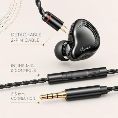 Rosmas Wired Earbuds with Mic,SM10 Pro Wired Gaming IEM Earbuds with Mic, Detachable 2-Pin Cable, 4BA+1DD Hybrid in-Ear Headphones, Secure Over-Ear Fit, 3.5mm for PC and Controllers，Black - color: Black