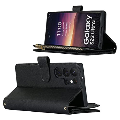 iCoverCase for Samsung Galaxy S23 Ultra Wallet Case with Card Holder, Kickstand Feature PU Leather Case with Adjustable Crossbody Lanyard Magnetic Clasp Zipper Pocket Flip Cover (Black) - color: Black, size: Galaxy S23 Ultra