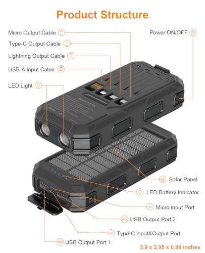Solar Charger Power Bank 38800mAh, 22.5W USB-C Fast Charging Portable Charger with 4 Built-in Cables, External Battery Pack with Dual LED Emergency Flashlights for Camping, Hiking, Outdoor Use - color: Black