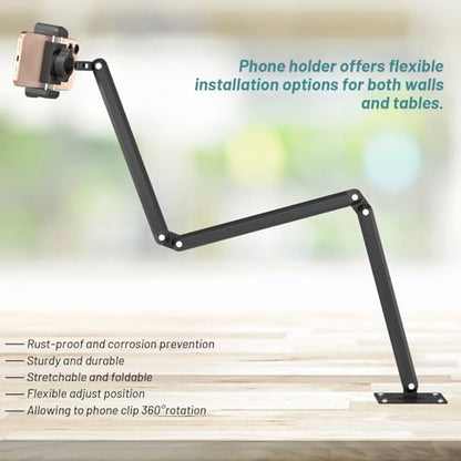 Wall Mount Phone Holder,Phone Holder for Desk Bed,3-Stage Aluminium iPhone Stand,Foldable Extendable Arms Heavy Duty Drilling Base,Compatible with 3.5~7.5" iPhone/HTC/LG/Huawei/Galaxy/Smartphones