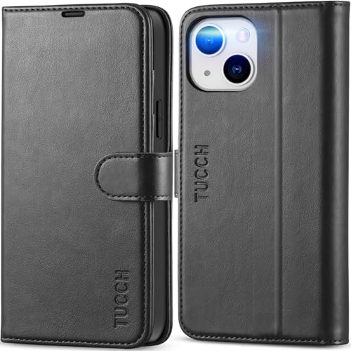 TUCCH Wallet Case for iPhone 13 (6.1") 2021, 3 Card Holders, Black | RFID Blocking, Viewing Stand, Shockproof TPU Shell, PU Leather, Magnetic Closure, Protective Folio Flip Cover - color: Black