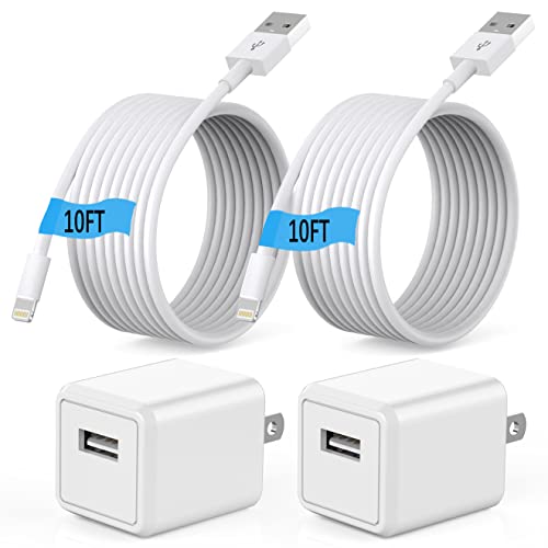 (Apple MFi Certified) iPhone charger 10ft,2Pack 10Foot Long Fast Charging Lightning Cord Cable 2Pack USB Wall Charger Travel Plug Adapter Box for iPhone 14/13/12 Mini/11 Pro Max/10/XS/XR/X/8/7/SE,iPad - size: 10FT