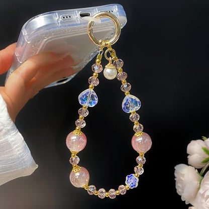 Sparkling Pink Phone Charm, Beaded Phone Wrist Strap for Women - color: Pink Crystal