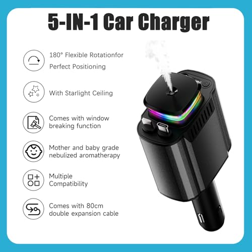 Fast Charging Car Charger Retractable 120W, Car Accessories Cigarette Lighter Adapter with Cable USB-C & Lighting, Function Window Breaker Aroma Ambient Light, Auto Gifts for Driver Traveler Men Women