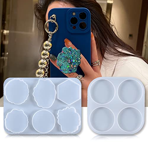 2 Pcs Phone Grip Resin Mold with 20 Pcs Blank Phone Socket Holders, Phone Grip Holder, Phone Finger Expanding Stand Holder, MaehSab On Top Phone Grip Silicone Resin Molds for Epoxy Casting Resin