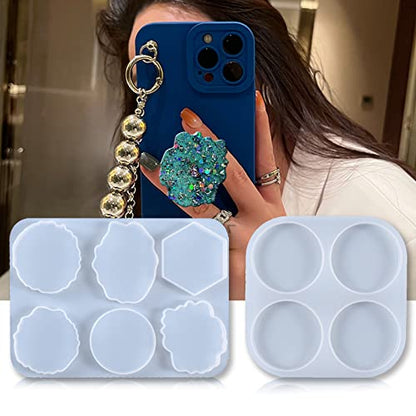 2 Pcs Phone Grip Resin Mold with 20 Pcs Blank Phone Socket Holders, Phone Grip Holder, Phone Finger Expanding Stand Holder, MaehSab On Top Phone Grip Silicone Resin Molds for Epoxy Casting Resin