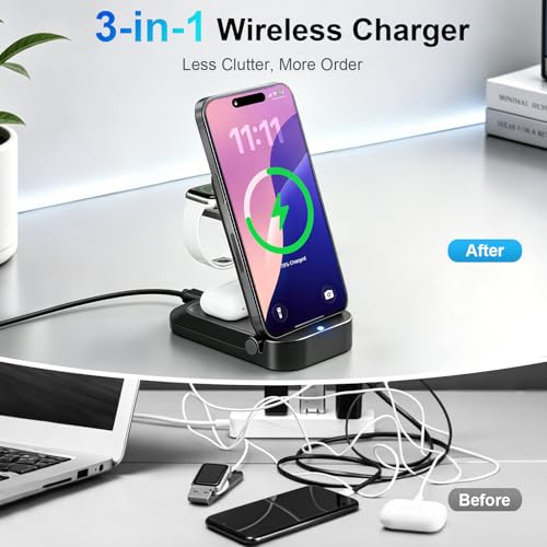 3 in 1 Wireless Charging Station for Apple - Foldable Wireless Charger Station - Travel Charger for Multiple Devices for iPhone 17 16 15 14 13 12 Pro Max Plus, Apple Watch, AirPods(Black)