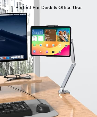 YICOSUN Tablet Stand for Desk - Heavy Duty Aluminum iPad Arm Mount with Super Grip Clamp, 360° Rotating Foldable Holder for 4.7-13" iPad, Kindle, Phone - Reading, Drawing, Video Call - Silver - color: Silver