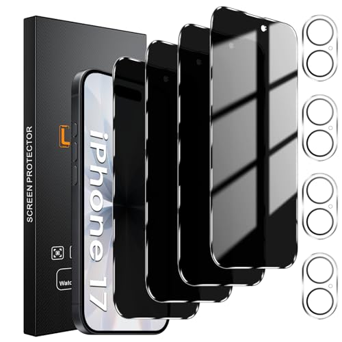 Lesakit 4 Pack Privacy Screen Protector for iPhone 17 6.3-Inch with 4 Pack Camera Lens Protector, Anti Spy Tempered Glass Film 9H Hardness Bubble Free Case Friendly - size: iPhone 17