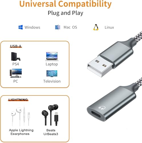 LecLooc USB A to Lightning Audio Adapter Cable USB 3.0 Male to Lightning Female HiFi Audio Headphones Converter Fit with USB A MacBook Computer PC Support Volume Control Mic Nylon Braided (Grey)