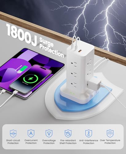 12AC 3USB Power Strip Tower Surge Protector 1800J, 8ft, White, 1 - color: White, size: 8ft