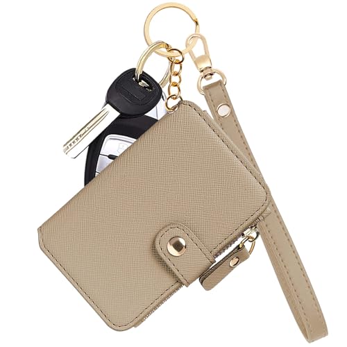 M-Plateau RFID Blocking Keychain Wallet With Leather Wrist Strap | Keychain Wristlet, Womens Card Holder with Zipper Coin Pocket and ID Window - color: Khaki