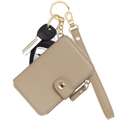 M-Plateau RFID Blocking Keychain Wallet With Leather Wrist Strap | Keychain Wristlet, Womens Card Holder with Zipper Coin Pocket and ID Window - color: Khaki