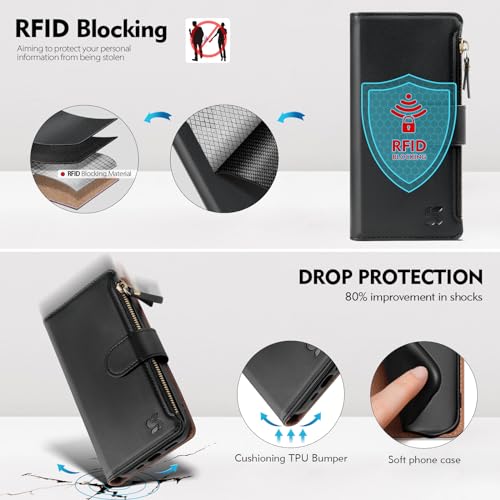 Shieldtop Compatible with Samsung Galaxy A37 5G Wallet Case with Card Holder,PU Leather Phone Case Flip Protective Cover Wrist Strap Zipper Credit Card Slots RFID Blocking Women Men,Black - color: Black