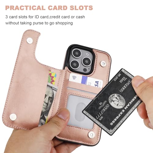 ONETOP for iPhone 16 Pro Wallet Case with Credit Card Holder,Rosegold | Kickstand,ID/Cash Holder,Case Wallet with Card Slots,Double Magnetic Clasp,Durable PU Leather Shockproof Cover for Women Men - color: Rose Gold