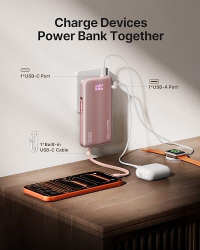 INIU 45W Fast Charging Portable Charger, 10000mAh with Built in Wall Plug | Slimmest, Built-in Wall Plug, USB-C Cable, GaN, Flight-Safe, 3 in 1 Power Bank for iPhone 17, Samsung, iPad etc, Pink - color: Pink