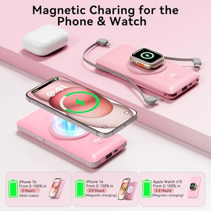 Magnetic 10000mAh Portable Charger for iWatch & iPhone, PD Fast Charging Wireless Power Bank Built-in Cables and Wall Plug, External Travel Battery Pack Compatible with iOS Android Phones - color: Sakura Pink