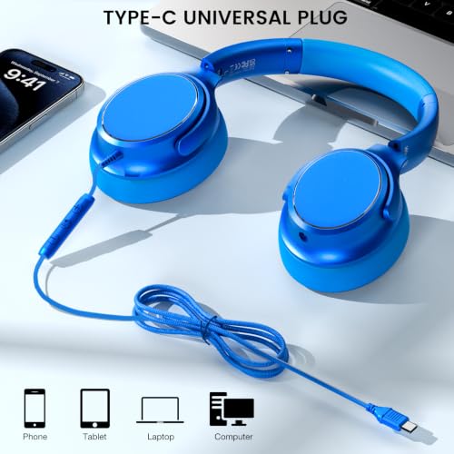 USB C Wired Over-Ear Headphones with Microphone - color: Sky Blue