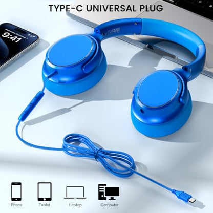USB C Wired Over-Ear Headphones with Microphone - color: Sky Blue