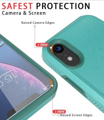 Diverbox for iPhone XR Case [Tempered Glass Screen Protector] [Shockproof] [Dropproof] Heavy Duty Protection Phone Case Cover for Apple iPhone XR (Teal) - color: Teal-2in1