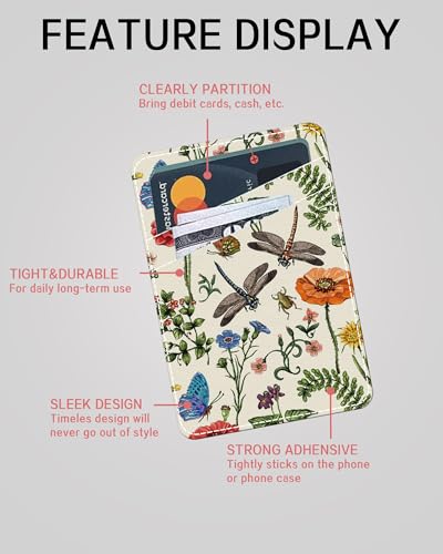 Phone Card Holder, Dual Pocket Leather Phone Wallet Adhesive Stick On, Cute Card Holder, Credit Card Holder for Phone Case Retro Insects And Flowers - color: Retro Insects And Flowers