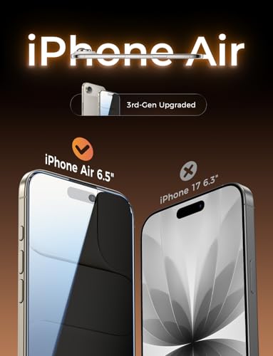 MAGIC JOHN 3rd Gen Upgraded for iPhone Air Privacy Screen Protector 6.5 Inch,25°Anti-Spy Screen,Shockproof Tempered Glass,Auto Dust-Removal,Bubble Free,Easy Installation,Daily Drop Protection,2 Pack - size: iPhone Air 6.5inch